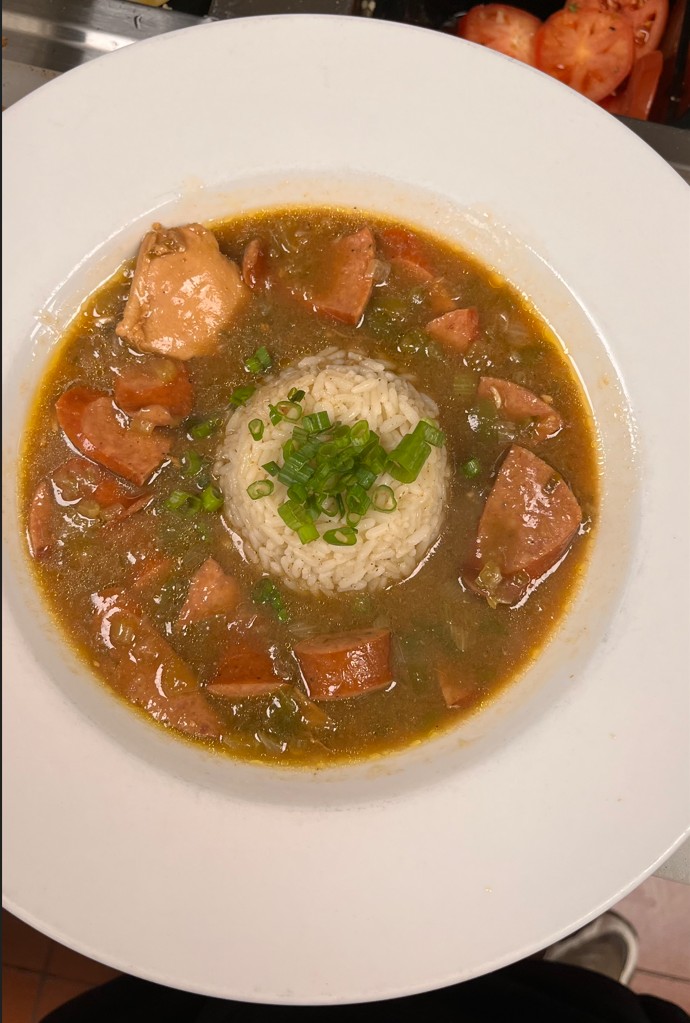 Classic Creole Gumbo — bisque with grilled shrimp and parsley
